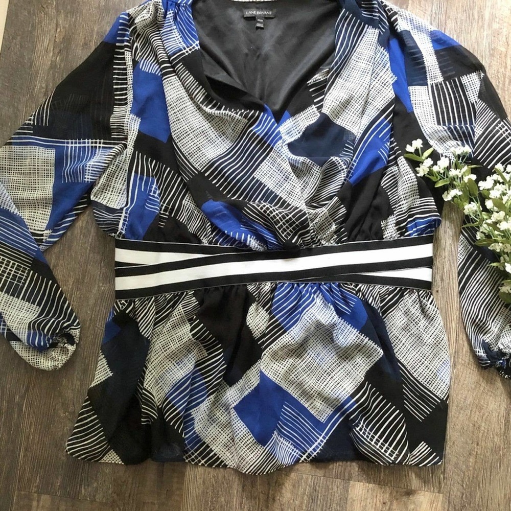 Lane Bryant Blue & Black Printed Wrap Top Womens 22/24